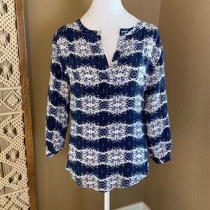 Amour Vert Blue Abstract Splatter Lightweight 100% Silk Navy Blouse -‎ Size XS